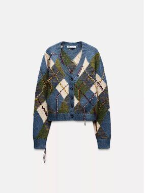 Zara Argyle Cardigan Blue/Green Size Small